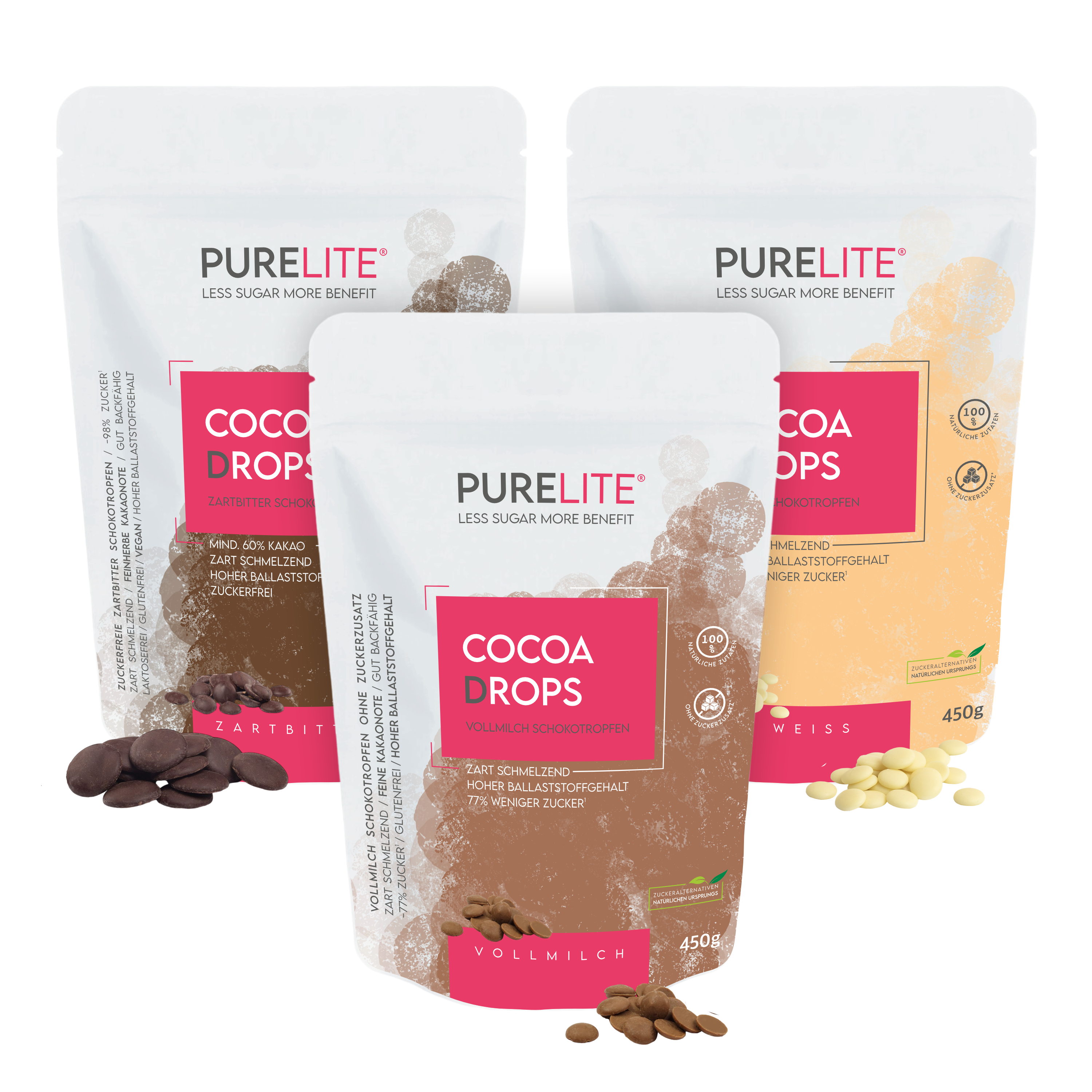 BUNDLE COCOA DROPS 1 x Zartbitter BIG + 1 x Vollmilch + 1 x Weiss